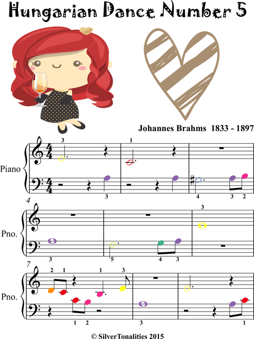 Title details for Hungarian Dance Number 5 Beginner Piano Sheet Music with Colored Notes by Johannes Brahms - Wait list